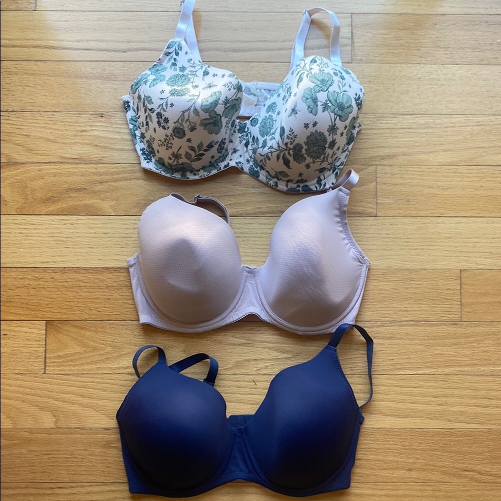 Laura Ashley Green Floral, White, and Navy Bra Trio